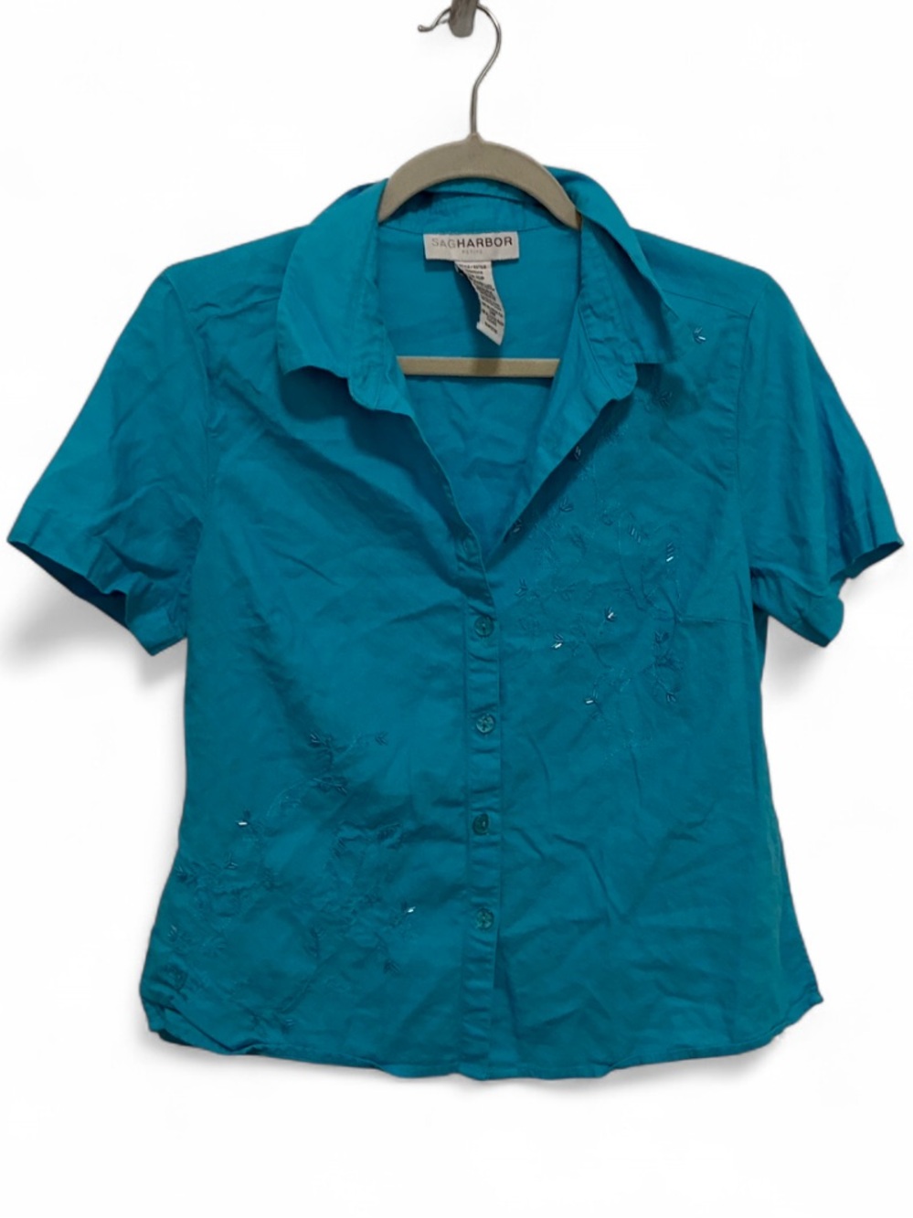 Y2K Sag Harbor Blue Short-Sleeve Beaded Embroidered Linen Button Down Shirt